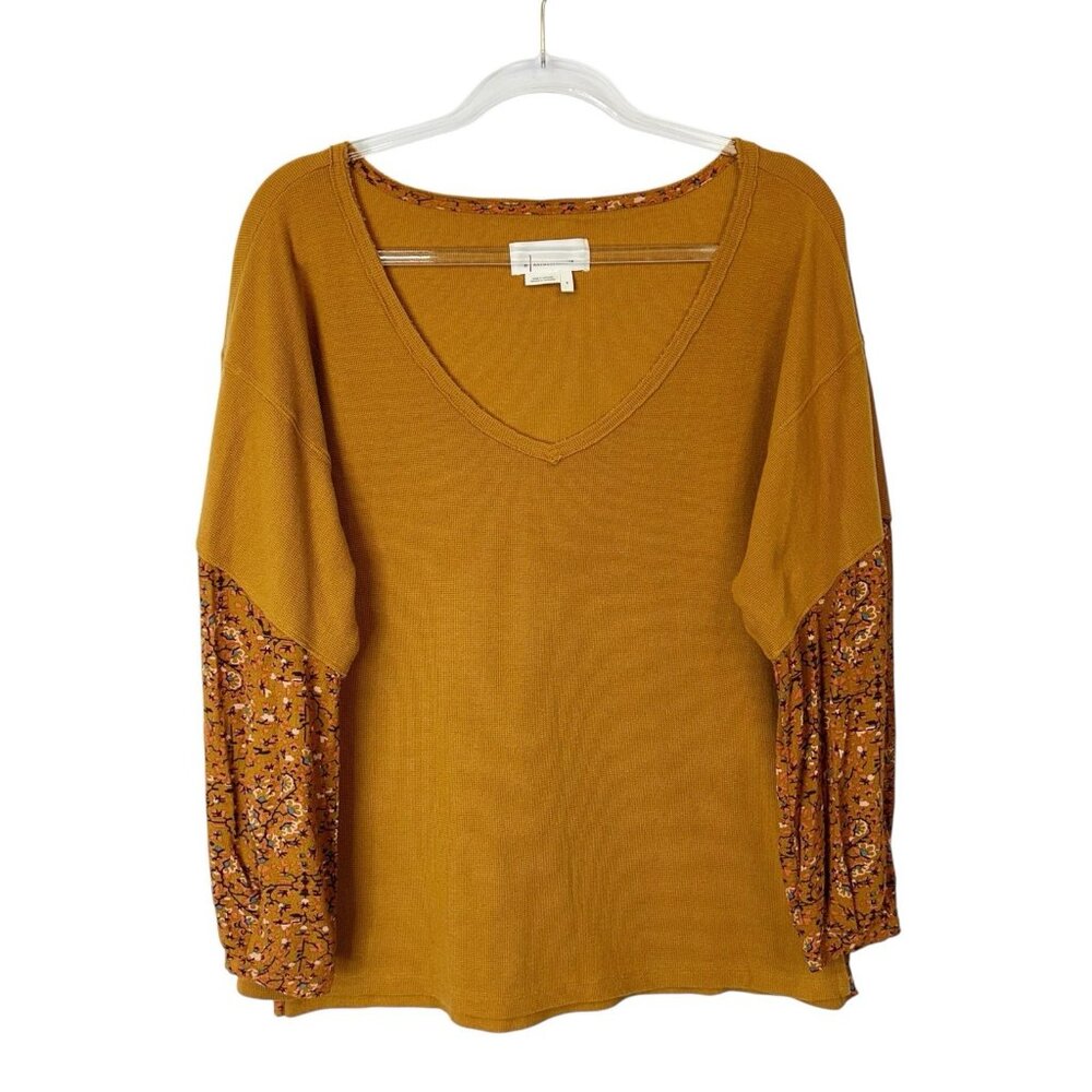 Anthropologie Oversized Waffle Knit Top Women’s Size Small Orange Floral Sleeves